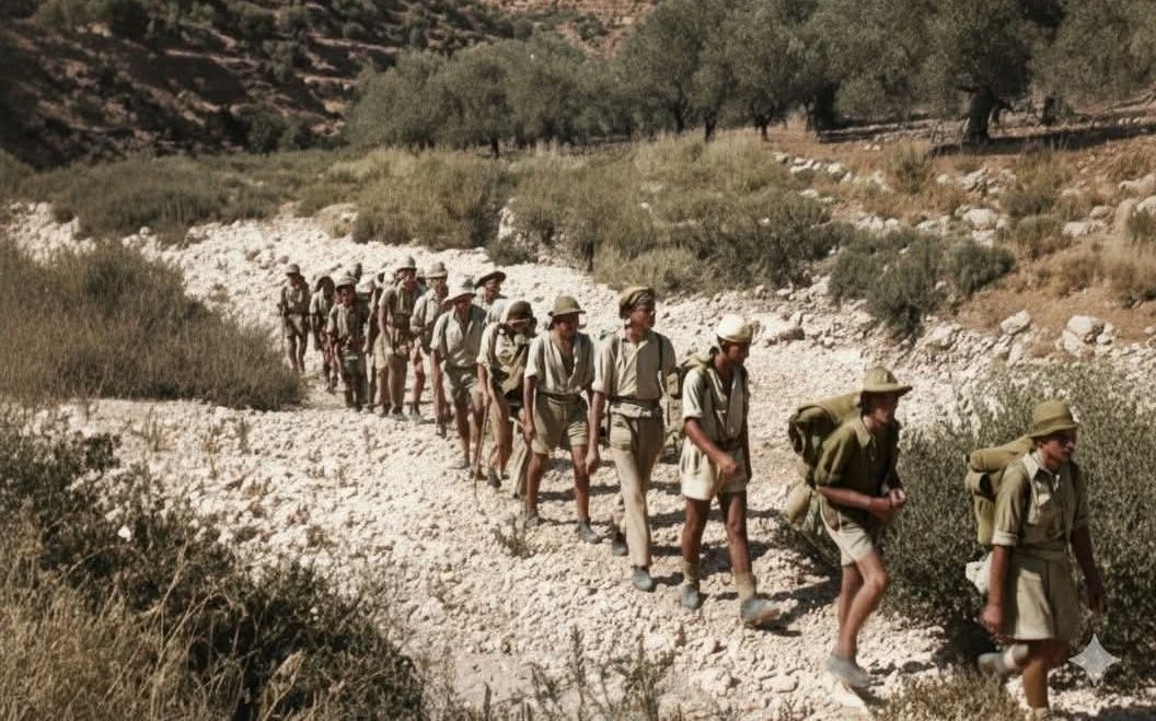 جنود انجليز مشاه في وادي الشاعر في سلفيت عام 1945  | موسوعة المخيمات الفلسطينية